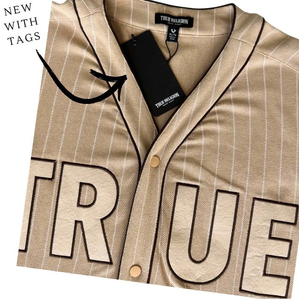 True Religion Mens Baseball Jersey Tan Khaki Pinstripe Button Front Shirt XL NEW